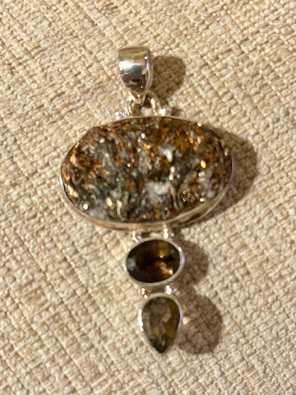 925 Sterling Silver Pendant with Brown Druzy and Smoky Gemstones